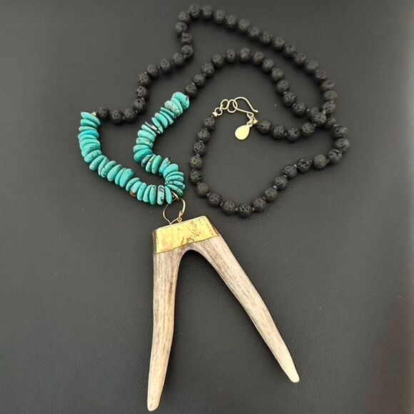 Turquoise Stone & Black Lava Bead Antler Statement Pendant Necklace - Picture 1 of 7